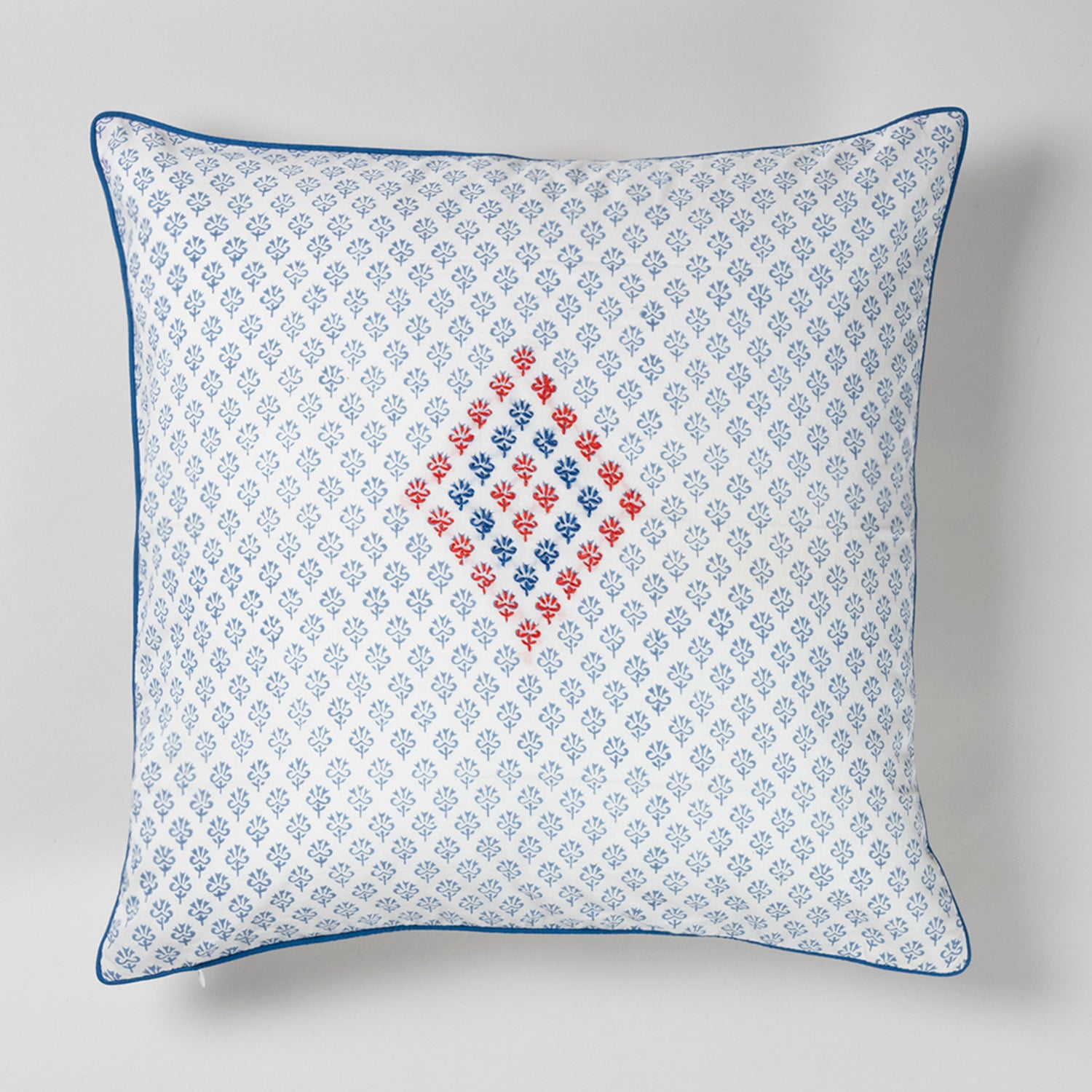 Blue Hand Embroidered Block Printed Cotton Square Cushion Cover 16x16