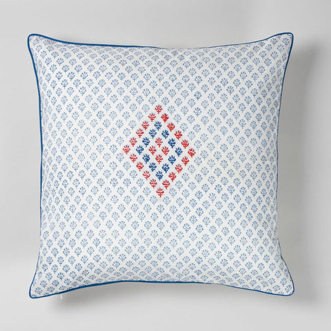 Embroidered Block Printed Cushion Cover, 16x16, Blue - Eyaas