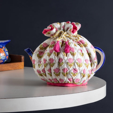 Block Printed Drawstring Tea Cozy, White & Pink - Eyaas
