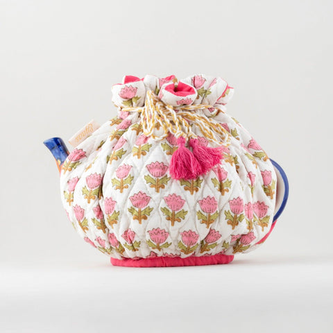 Block Printed Drawstring Tea Cozy, White & Pink - Eyaas