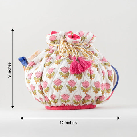 Block Printed Drawstring Tea Cozy, White & Pink - Eyaas