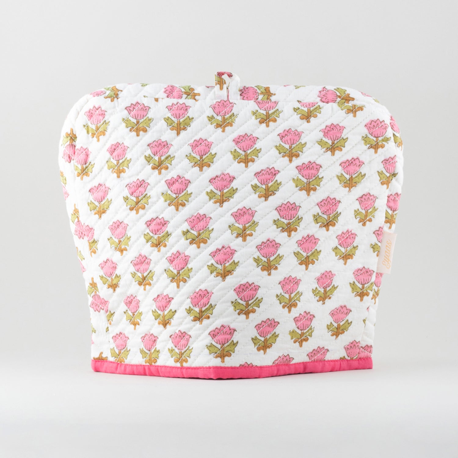 Hand Block-Printed Cotton Tea Cozy White & Pink, 9 x 11.5