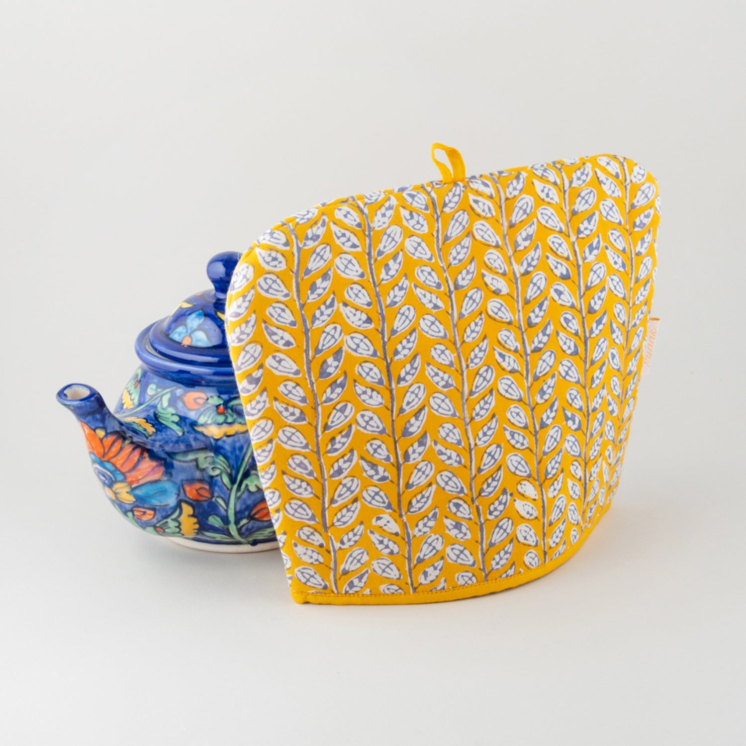 Hand Block-Printed Cotton Tea Cozy Yellow & Grey, 8 x 10