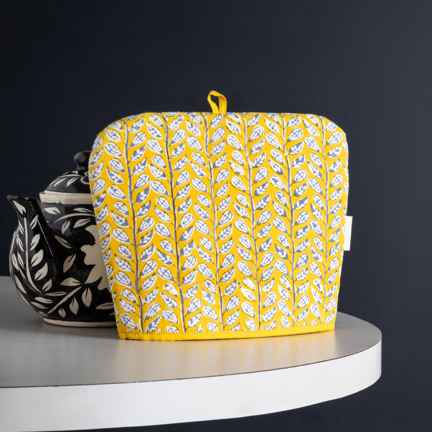 Hand Block-Printed Cotton Tea Cozy Yellow & Grey, 8 x 10