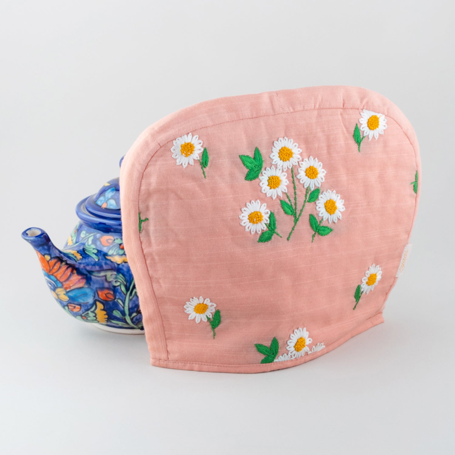 Daisy Hand Embroidered Upcycled Tea Cozy Peach, 9 x 12