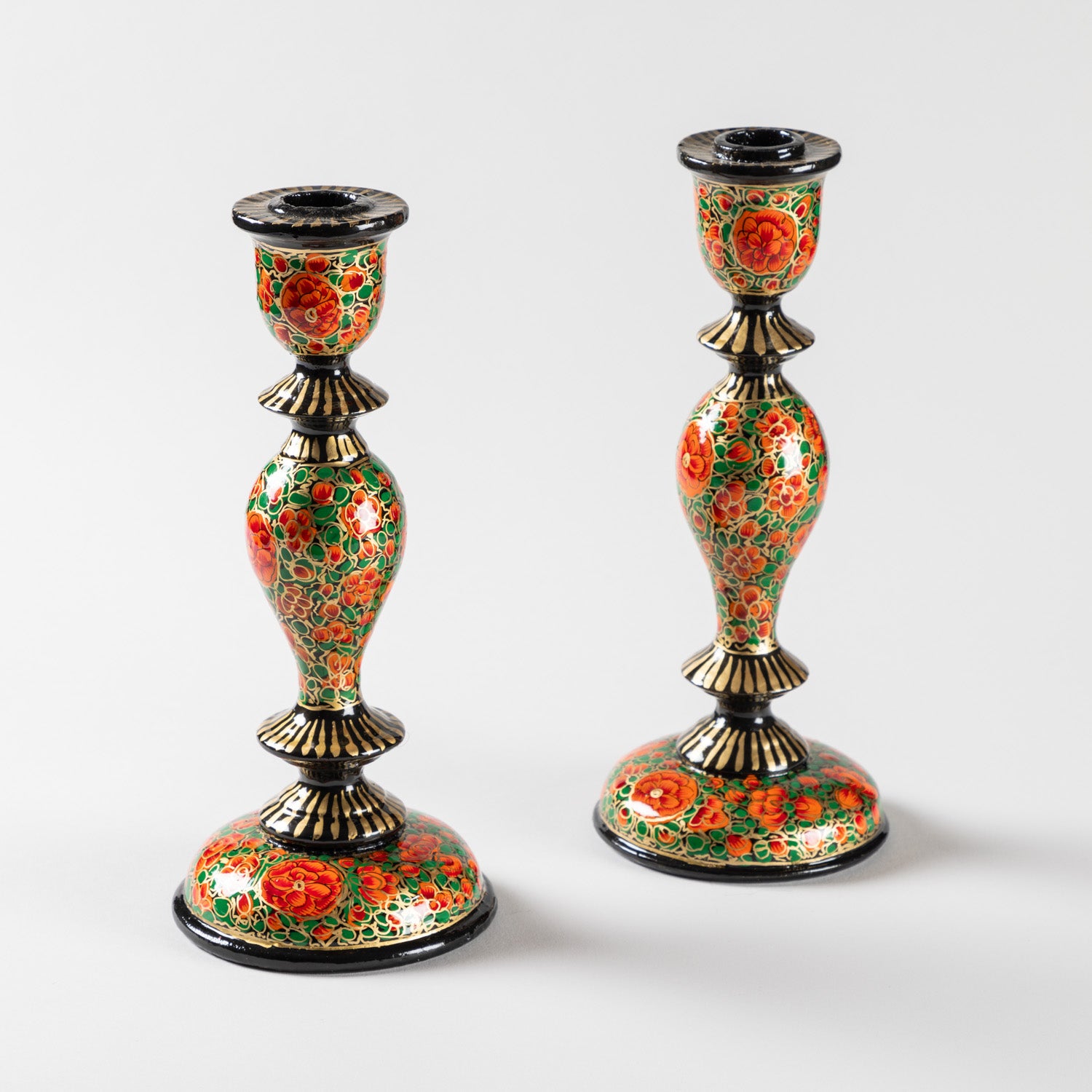Hand Painted Papier Mache Candle Stands Black, Orange, Gold, Green - 9.5 x 4