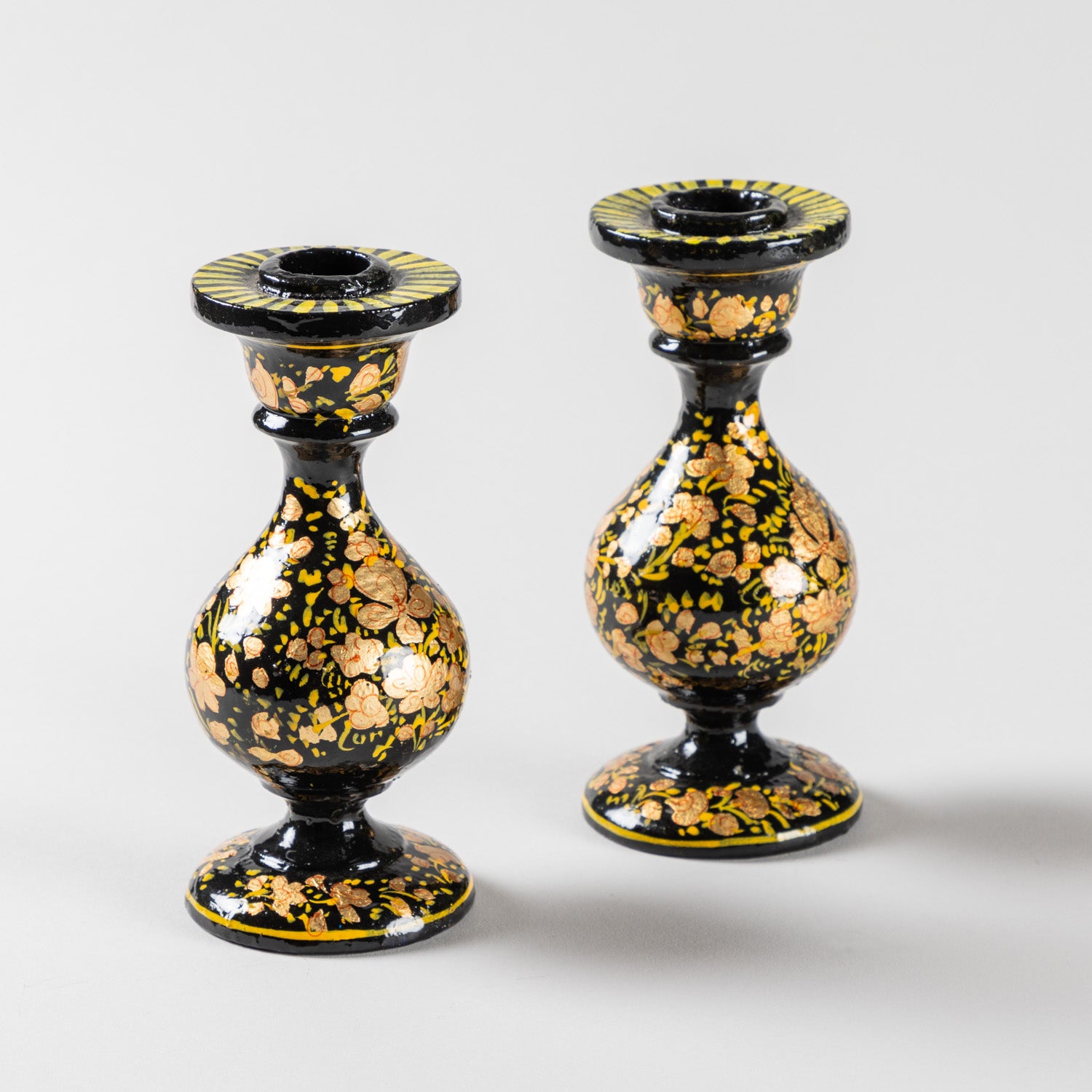 Hand Painted Papier Mache Candle Stands Black, Yellow, Gold - 5.5 x 2.3