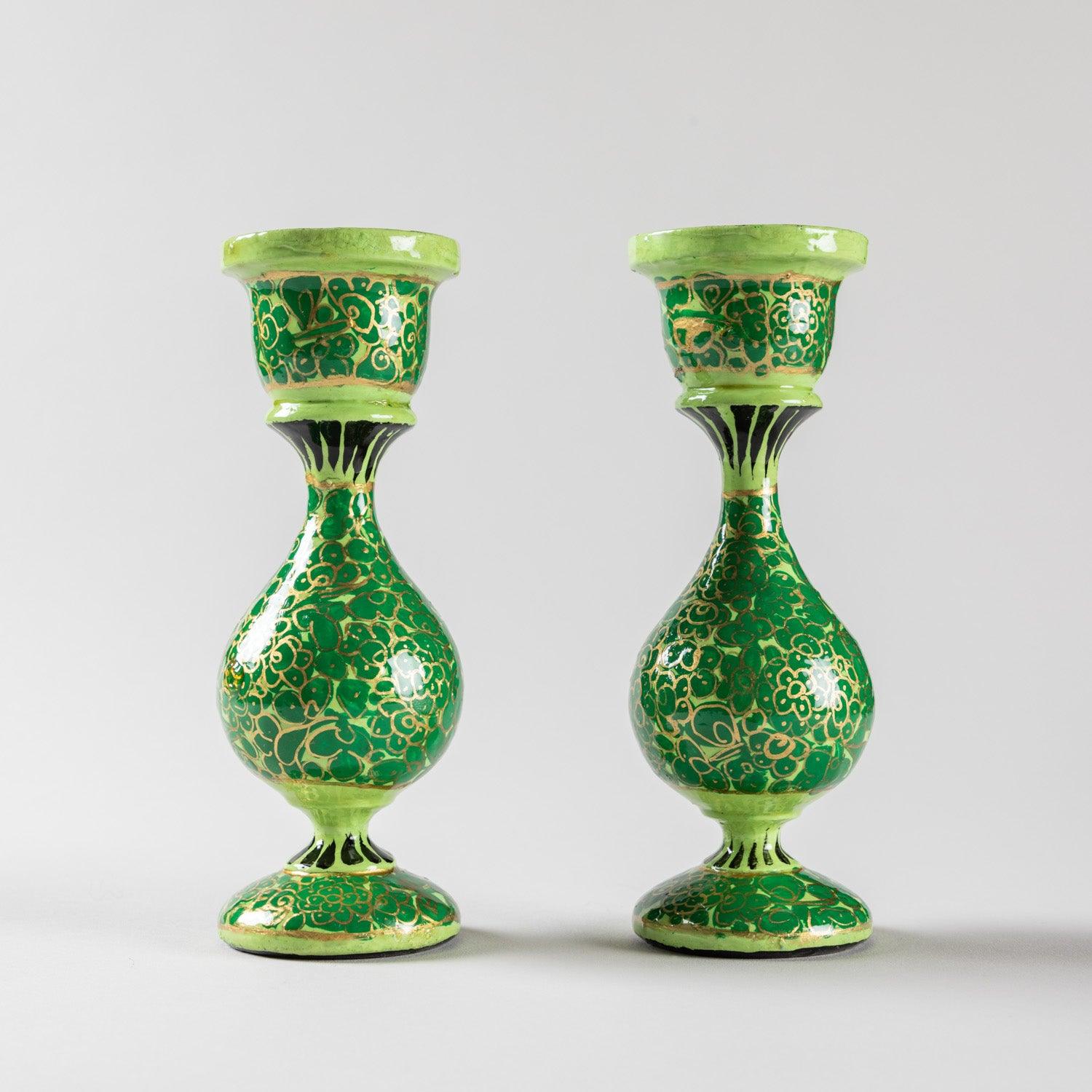 Papier Mache Candle Stands Green - 5.5 x 2.3 - Eyaas
