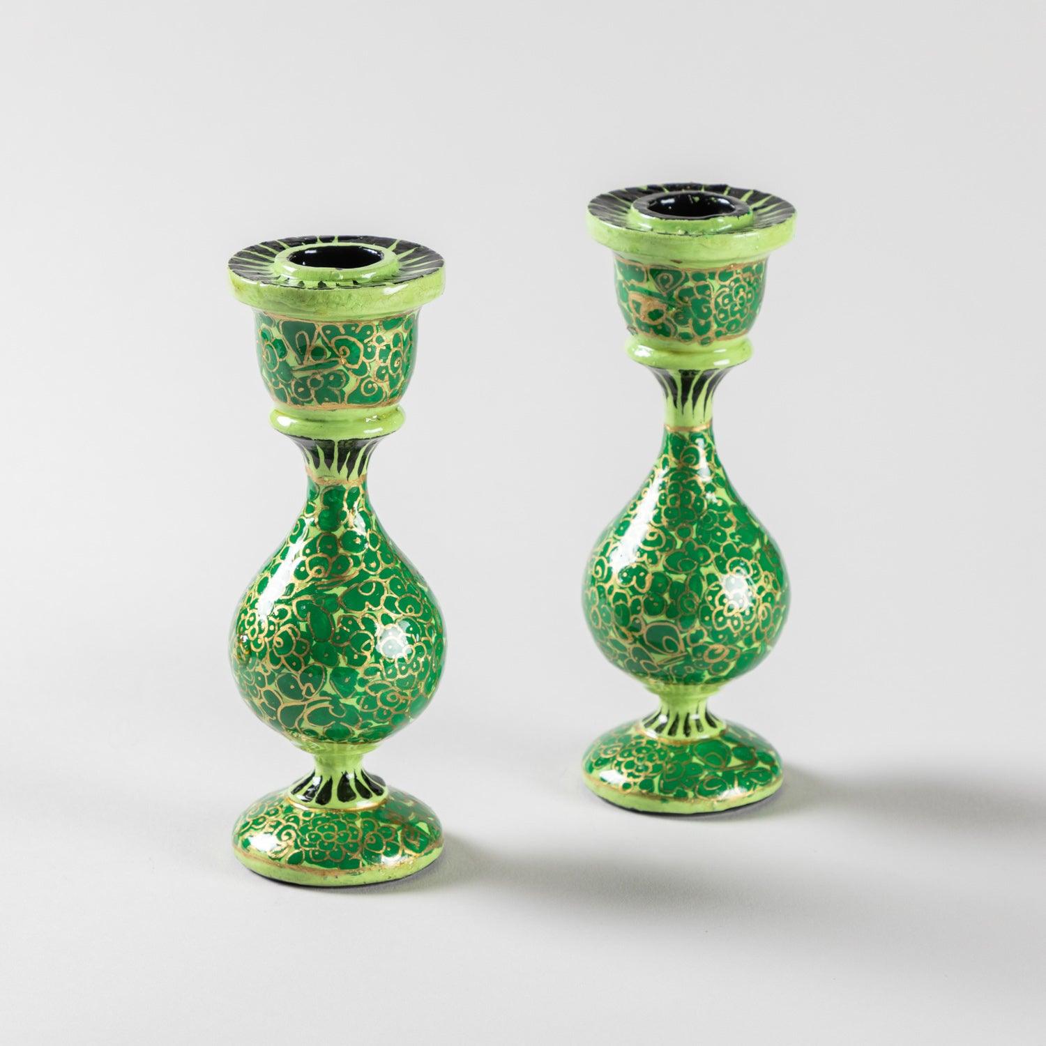 Papier Mache Candle Stands Green - 5.5 x 2.3 - Eyaas