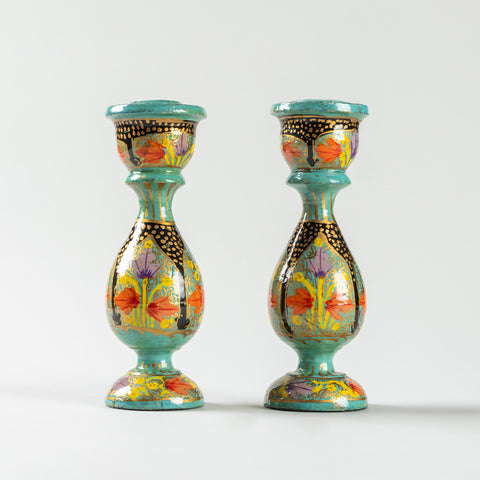 Hand Painted Papier Mache Candle Stands Turquoise, Yellow, Orange - 5.5 x 2.3