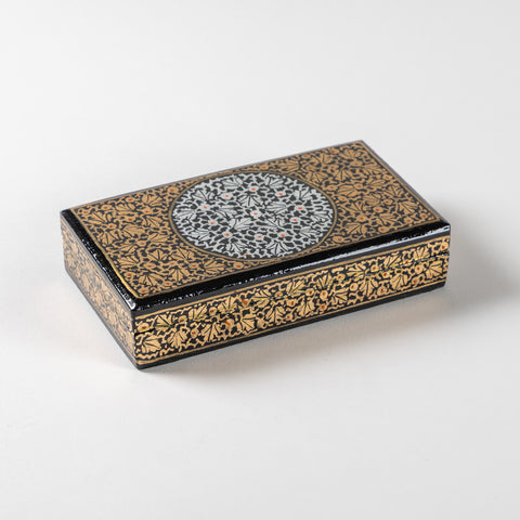 Hand Painted Papier Mache Box in Black, Gold, White, Chinar - 4x7
