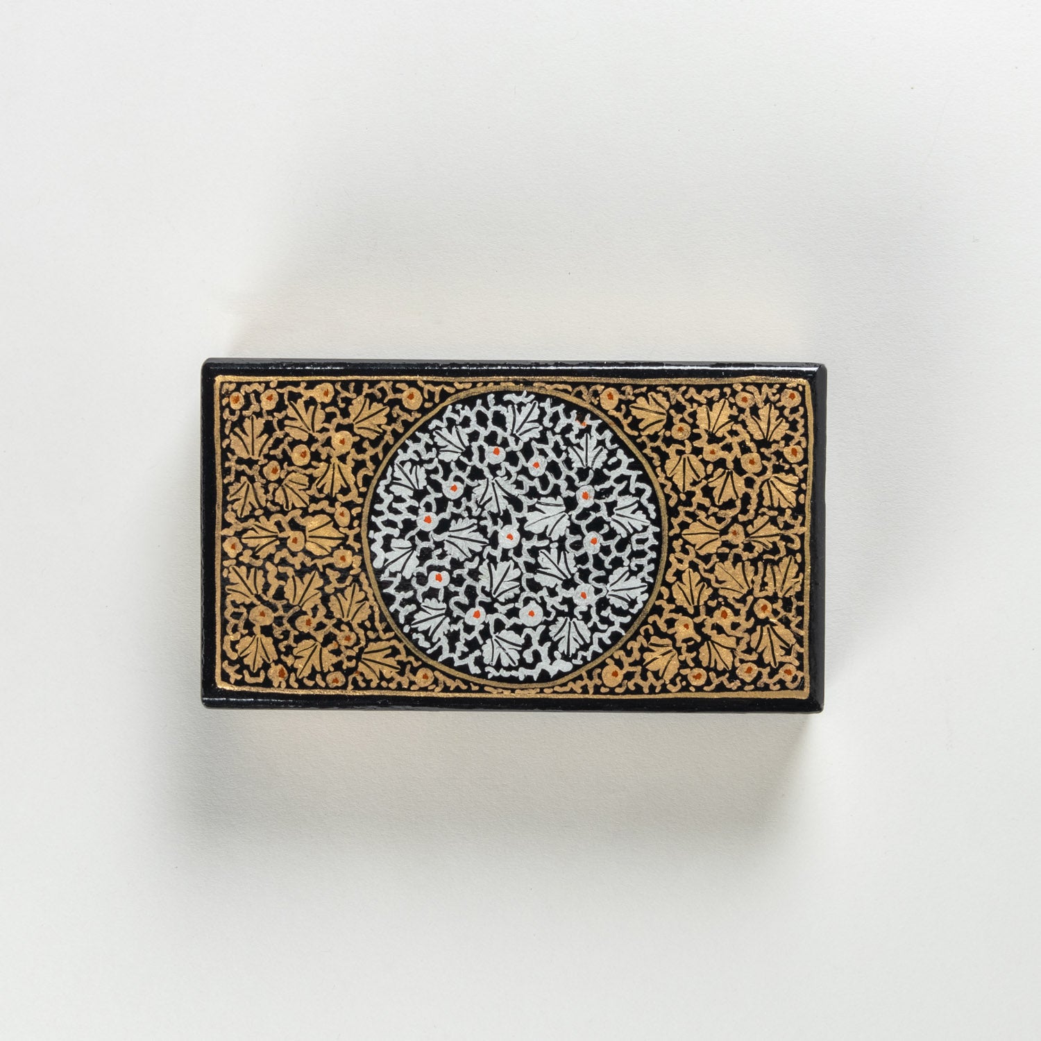 Hand Painted Papier Mache Box in Black, Gold, White, Chinar - 4x7