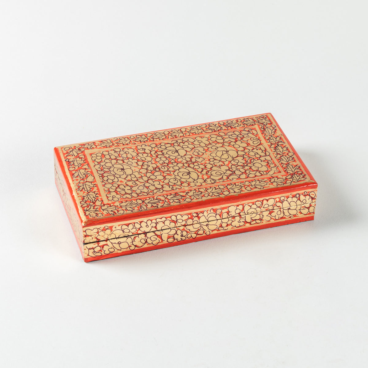 Hand Painted Papier Mache Box in Orange & Gold - 4x7