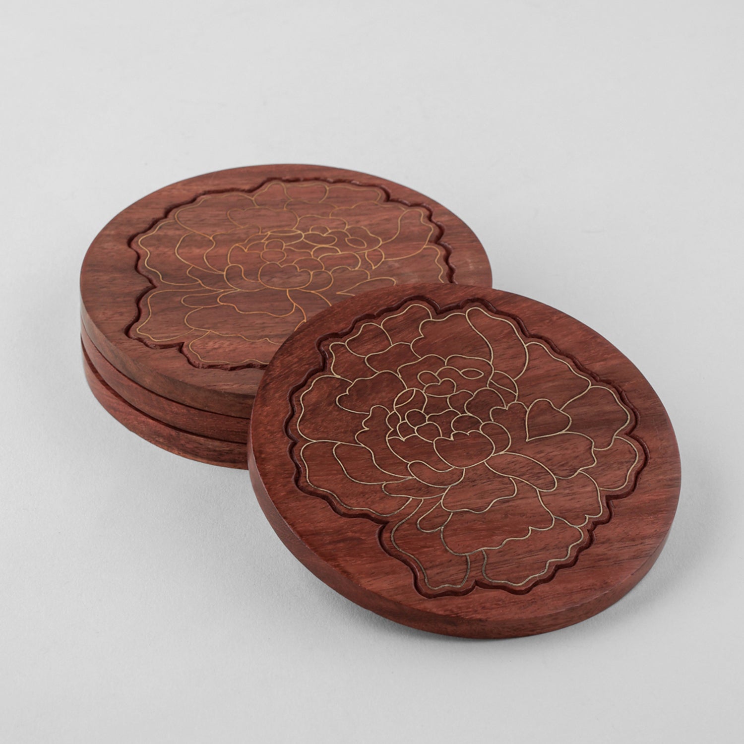 Wooden Coaster Set of 4 with Brass Inlay - Marigold