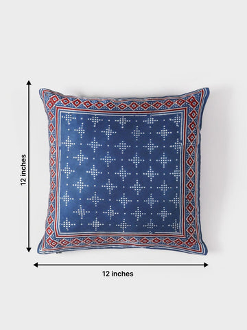Ajrakh Cushion Cover Indigo, Madder & White, 12x12 - Eyaas
