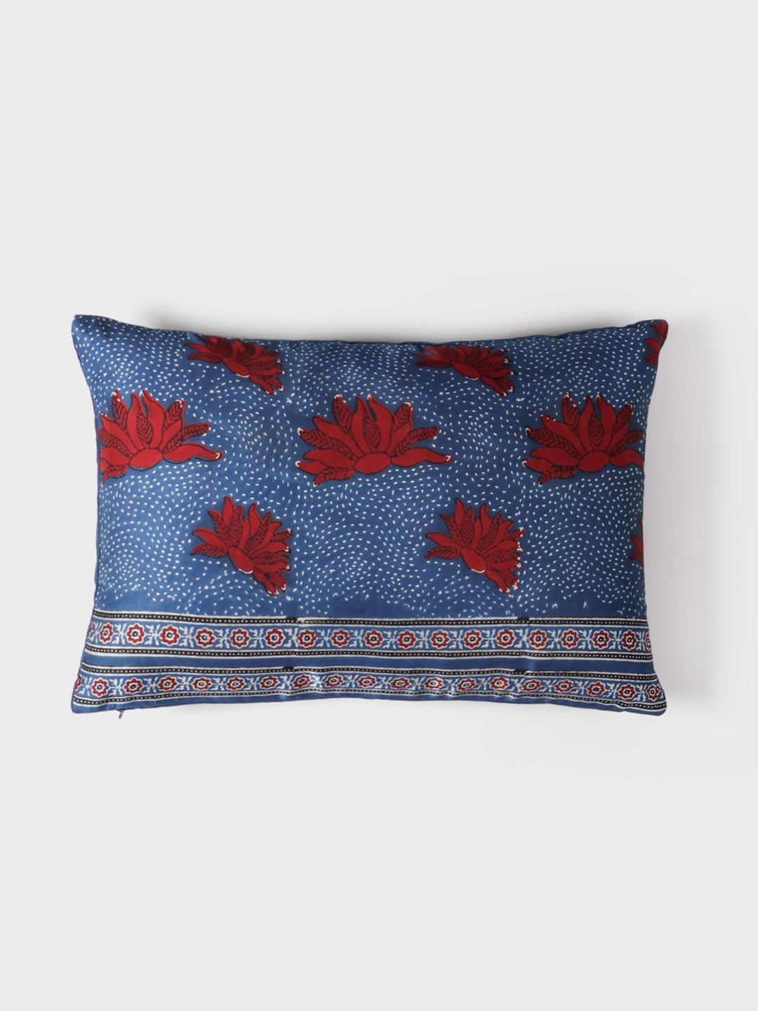 Ajrakh Modal Silk Rectangle Floral Cushion Cover Indigo & Red - 12x18