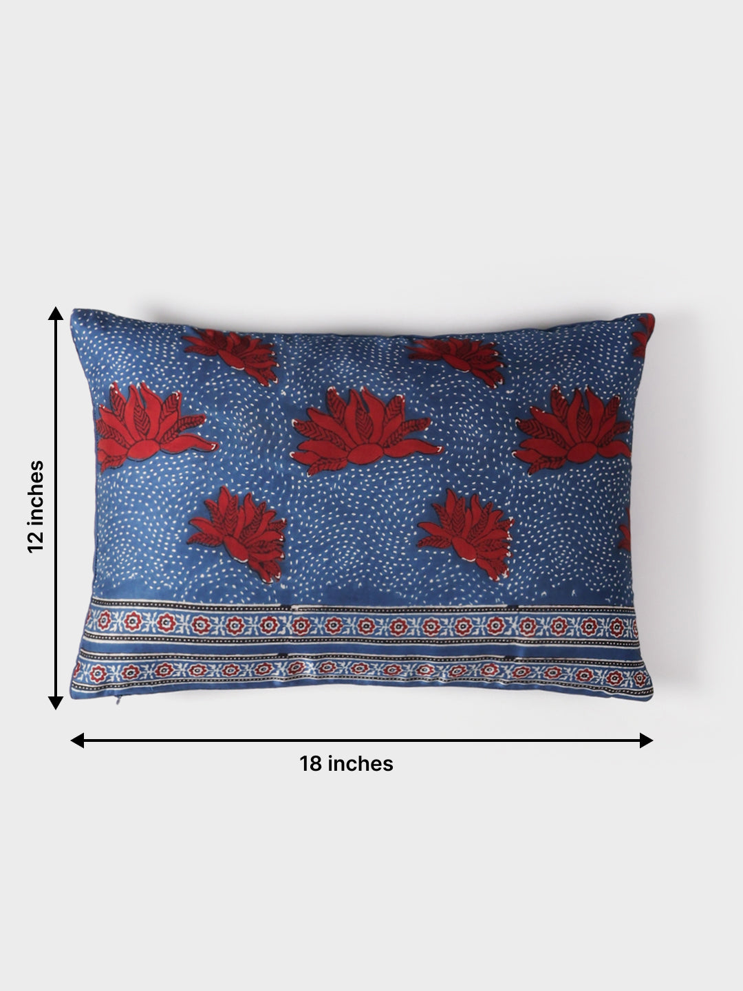 Ajrakh Modal Silk Rectangle Floral Cushion Cover Indigo & Red - 12x18