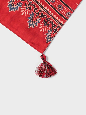 Ajrakh Printed Silk Table Runner, 13x60, Red & Indigo - Eyaas