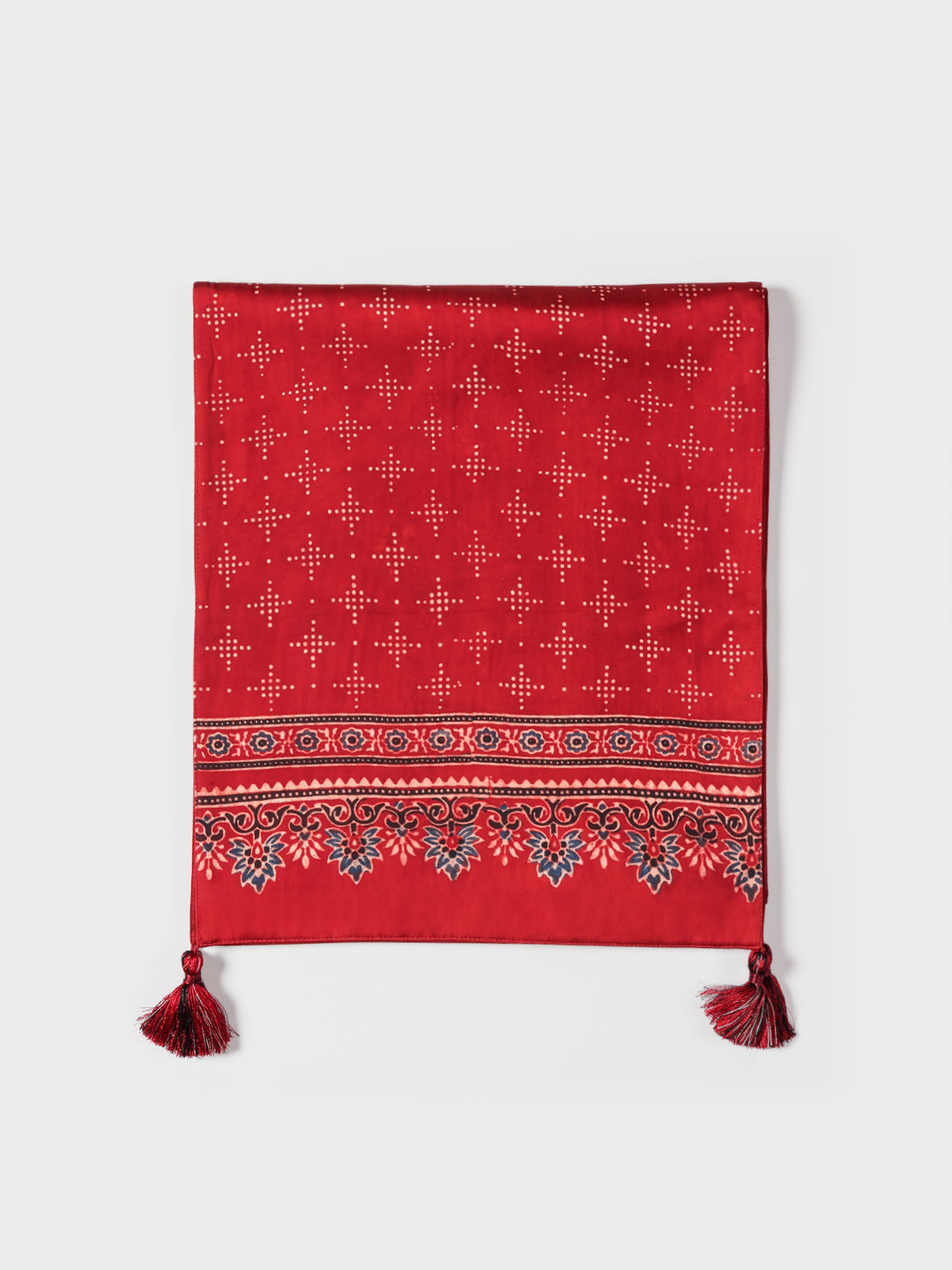 Red with Indigo Border Ajrakh Printed Modal Silk Table Runner 13x60