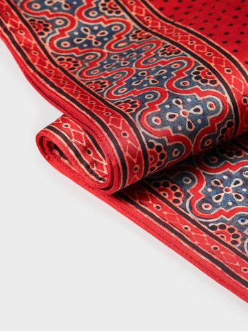 Red Ajrakh Silk Table Runner, 13x60, Indigo Border - Eyaas