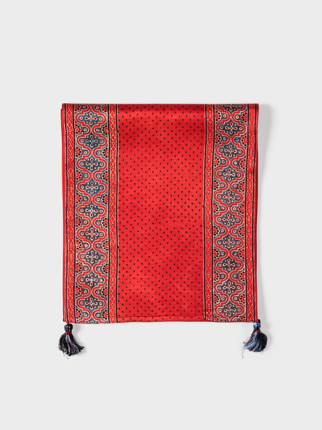 Red with Indigo Border Ajrakh Printed Modal Silk Table Runner 13x60 / 13x72