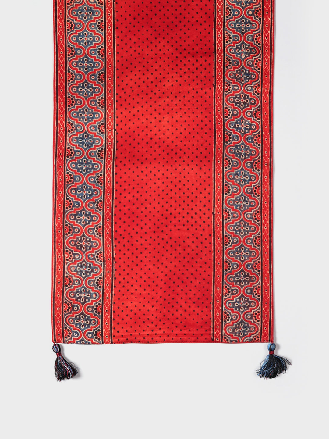 Red with Indigo Border Ajrakh Printed Modal Silk Table Runner 13x60 / 13x72