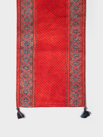 Red Ajrakh Silk Table Runner, 13x60, Indigo Border - Eyaas
