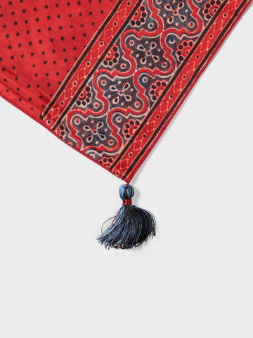 Red Ajrakh Silk Table Runner, 13x60, Indigo Border - Eyaas