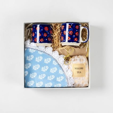 Set of 2 Mugs, 2 Mats (Blue) & Tea Sachets (Nilgiri) - Eyaas