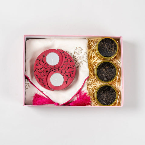 Gift Set of Runner, Wooden Tea Light Holders & Tea - Eyaas
