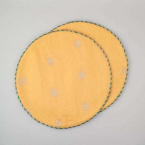 Chanderi Handwoven Mat Set of 2 - Round (Yellow/Pink) - Eyaas