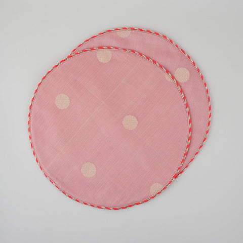 Chanderi Handwoven Mat Set of 2 - Round (Pink/Yellow) - Eyaas
