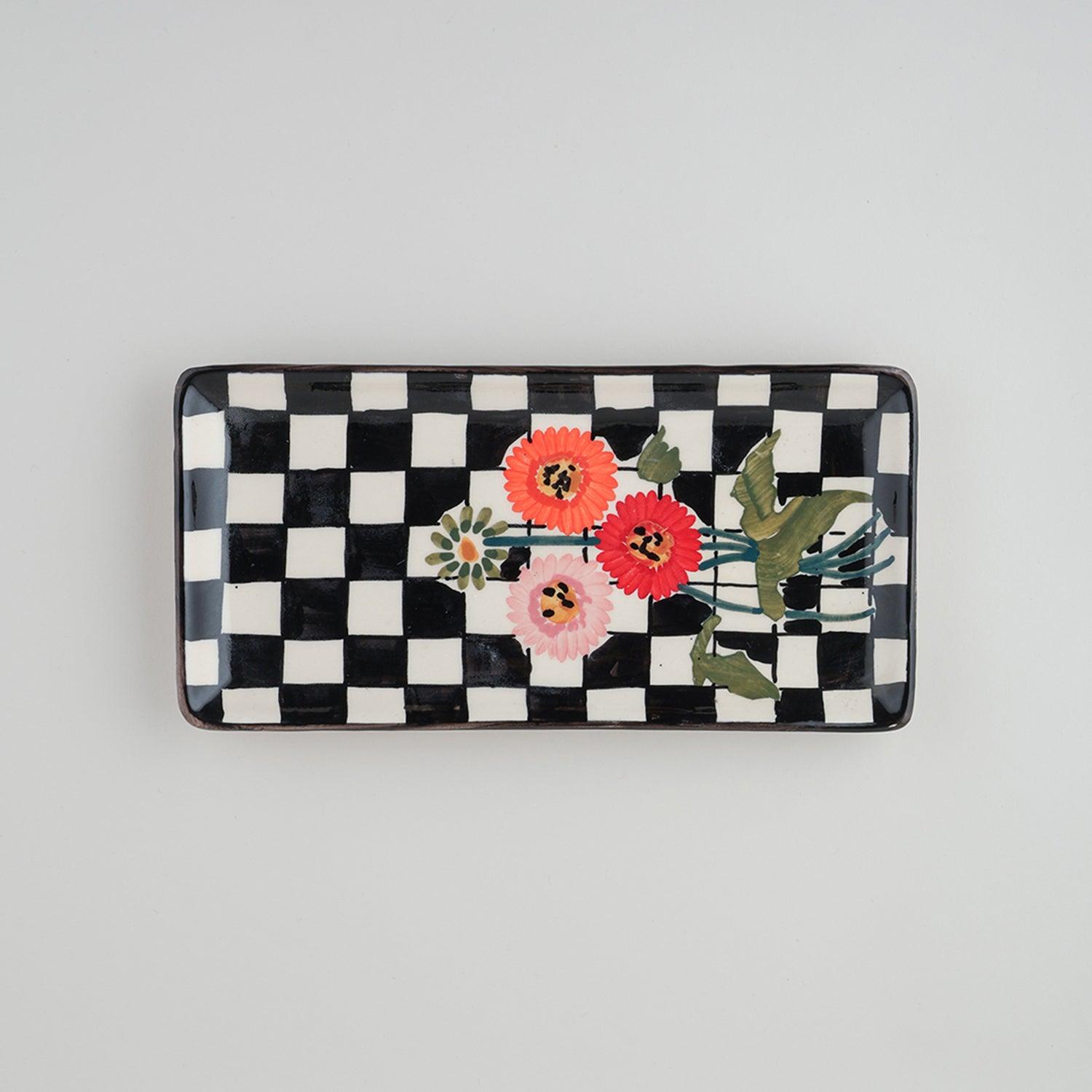 Checked Ceramic Food Platters Set of 2 - Black & White - Eyaas