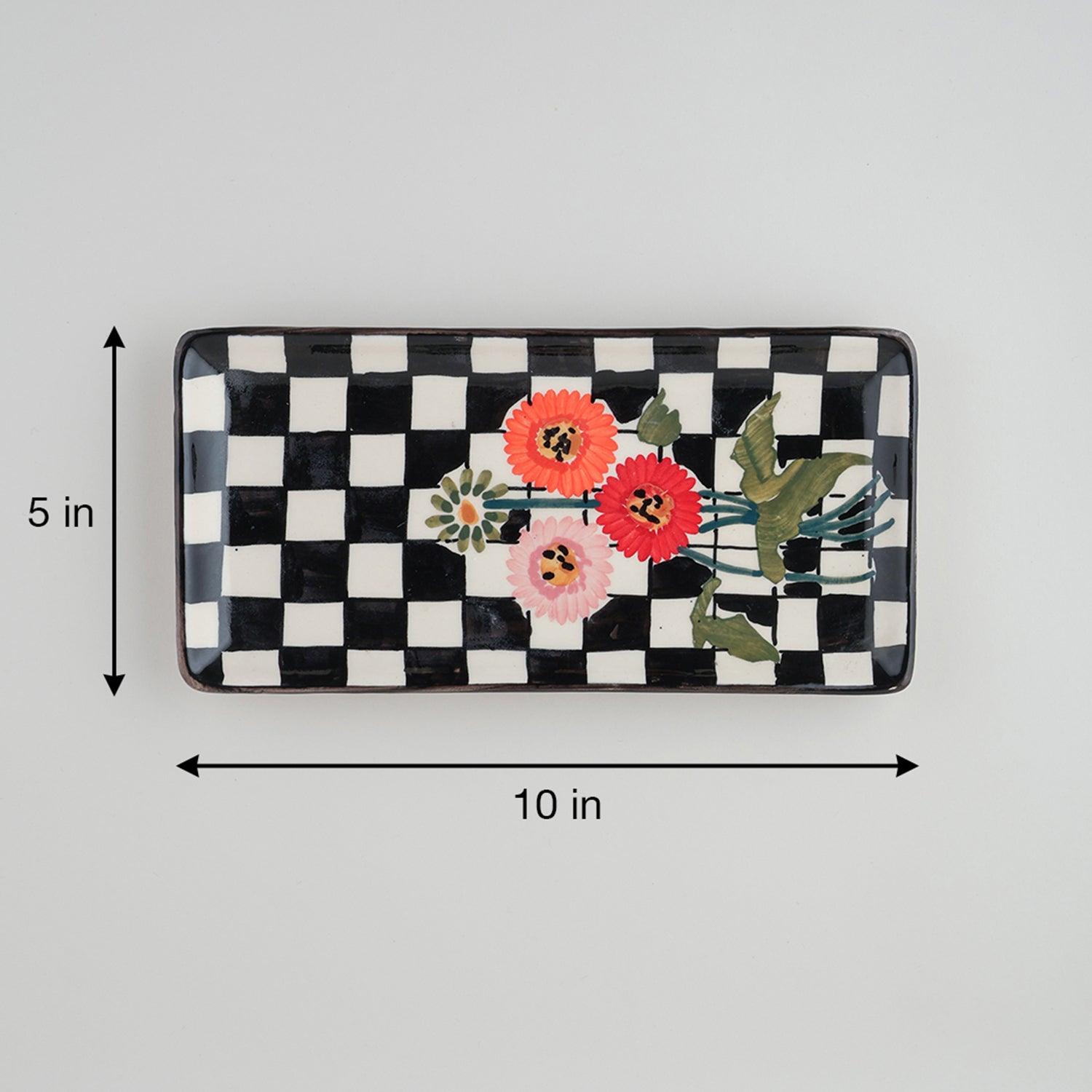 Checked Ceramic Food Platters Set of 2 - Black & White - Eyaas