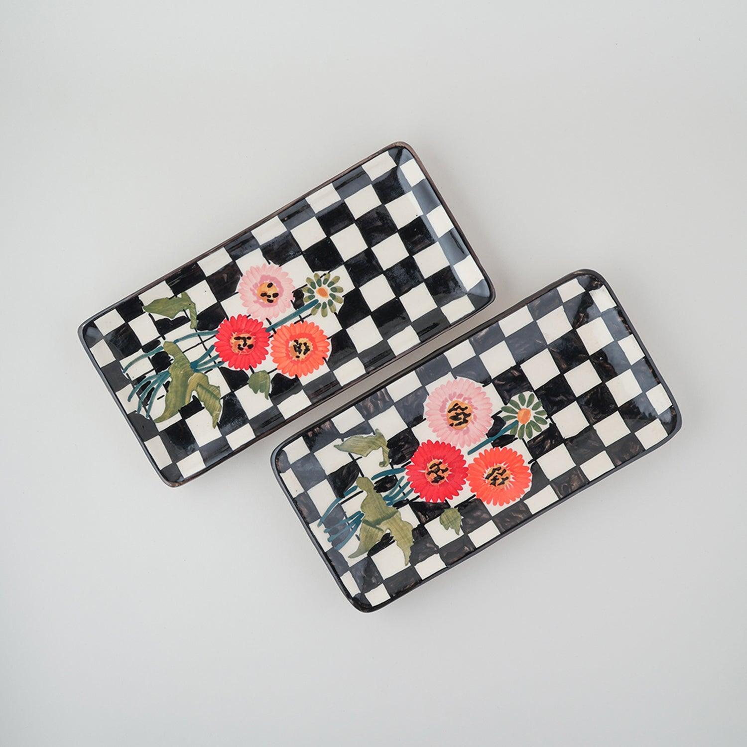Checked Ceramic Food Platters Set of 2 - Black & White - Eyaas