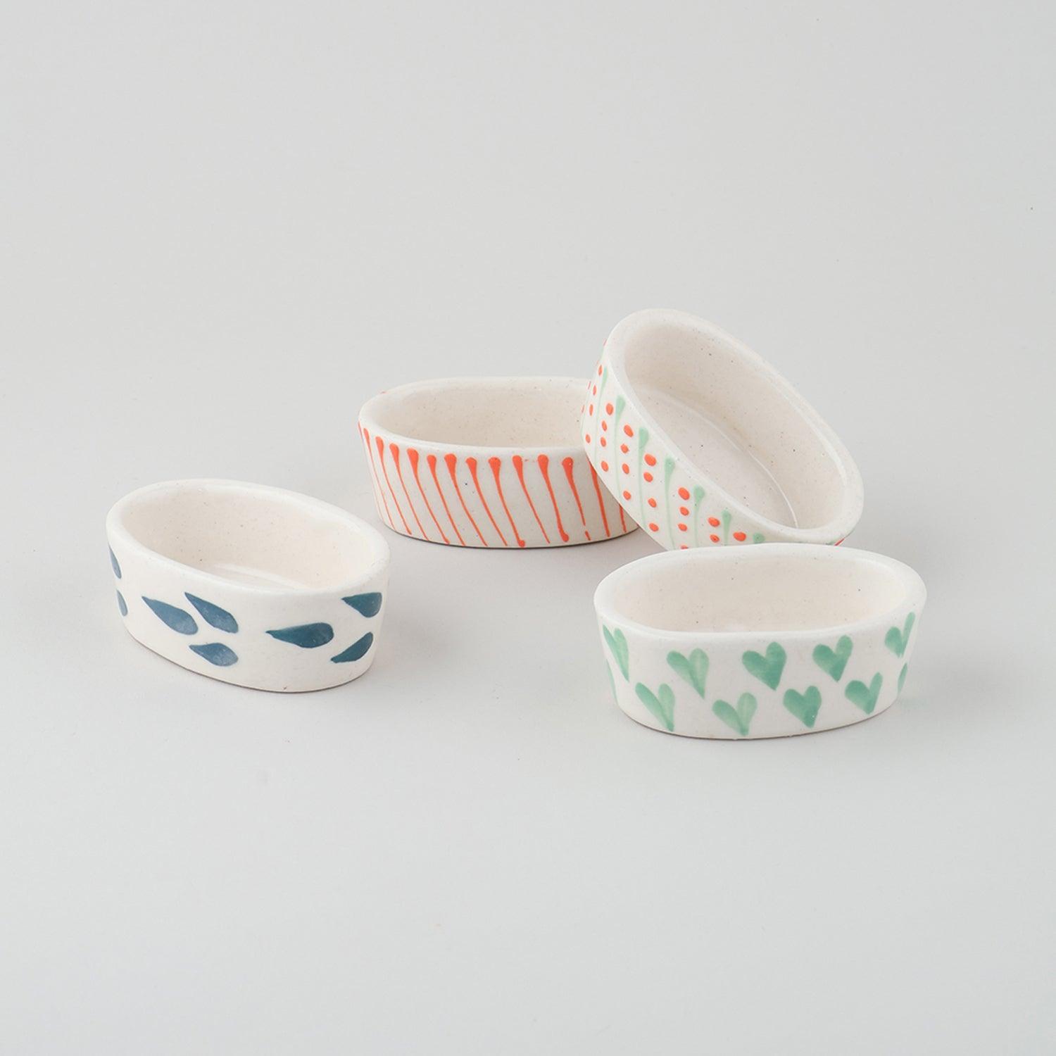 Hand-Painted Ceramic Oval Dip Bowls Set of 4 (Peach, & Blue) - Eyaas