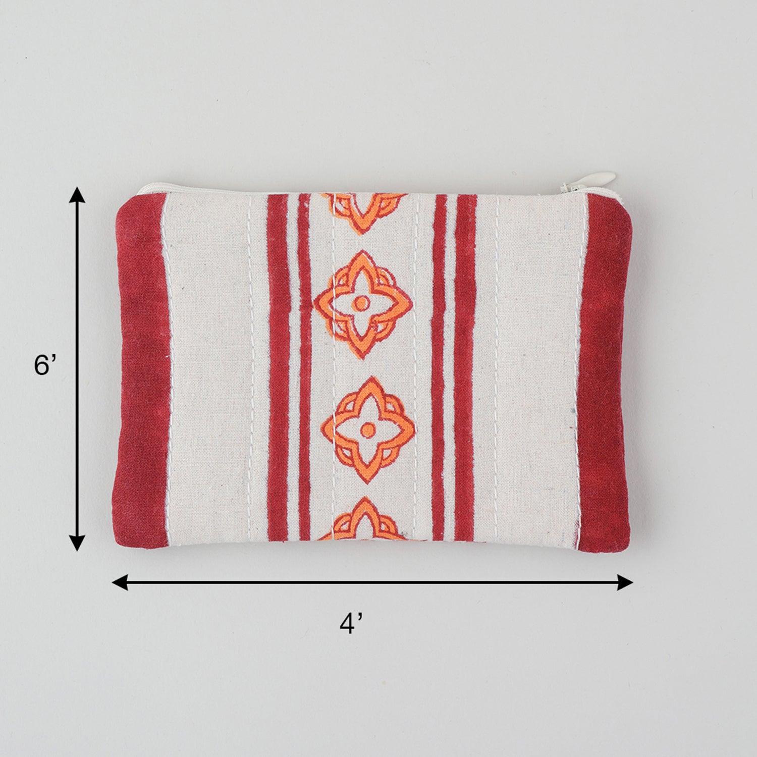 Block Printed Quilted Multipurpose Pouch Set of 2, Orange & Maroon - Eyaas