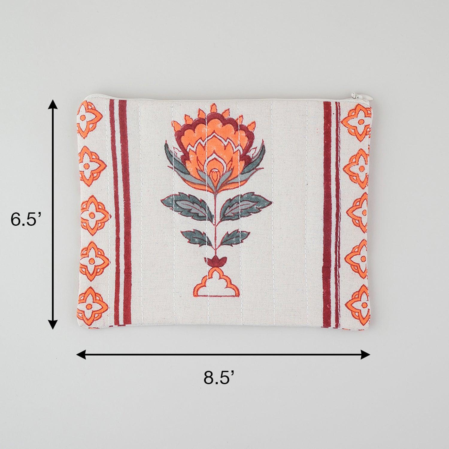 Block Printed Quilted Multipurpose Pouch Set of 2, Orange & Maroon - Eyaas