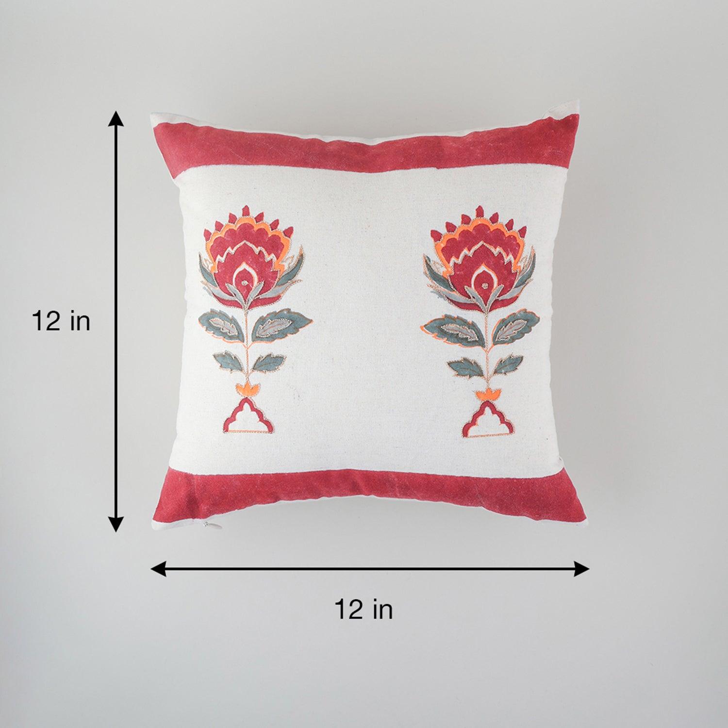 Block-Printed Hand Embroidered Floral Motif Cushion Cover - Set of 2 (Orange & Maroon) - Eyaas