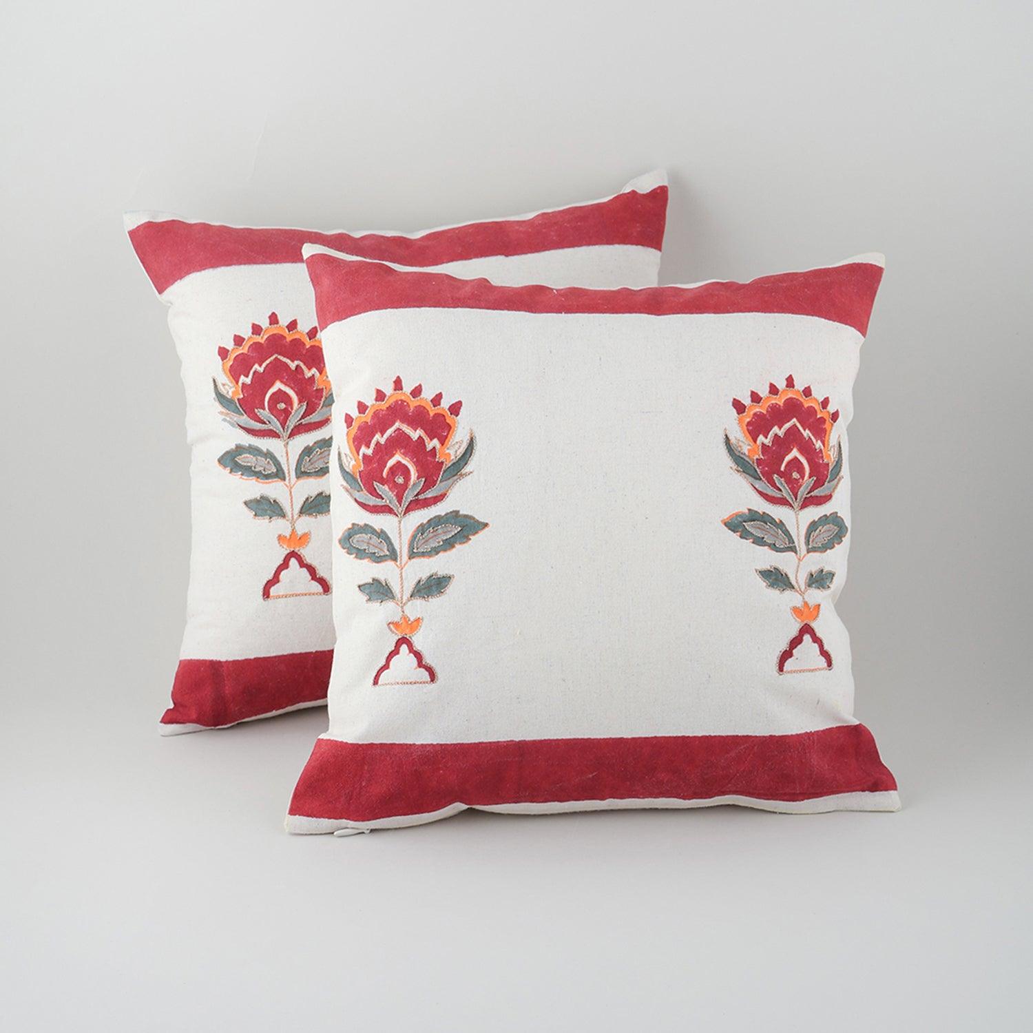 Block-Printed Hand Embroidered Floral Motif Cushion Cover - Set of 2 (Orange & Maroon) - Eyaas