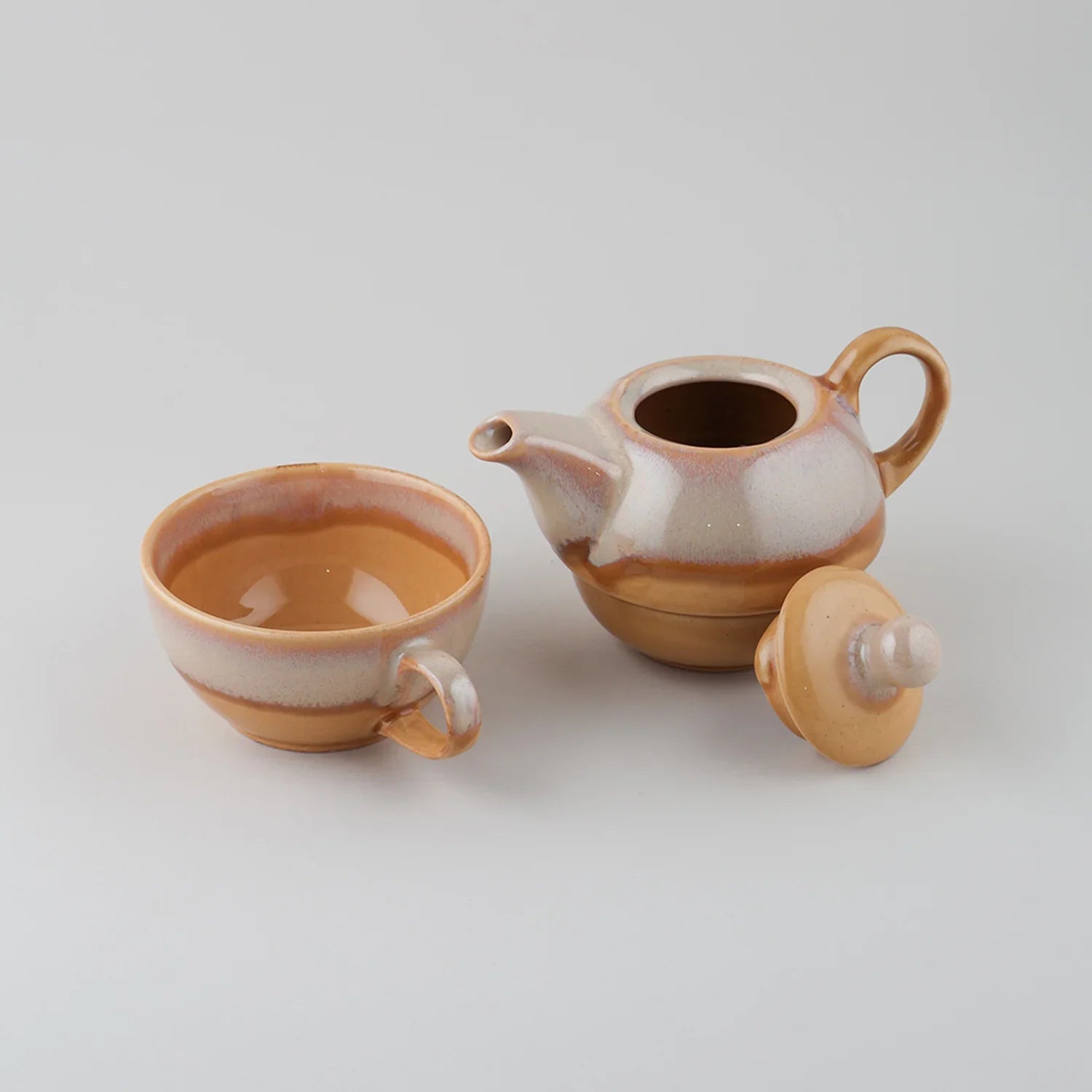 Ochre & Grey Ceramic Kettle with Cup Tea Set