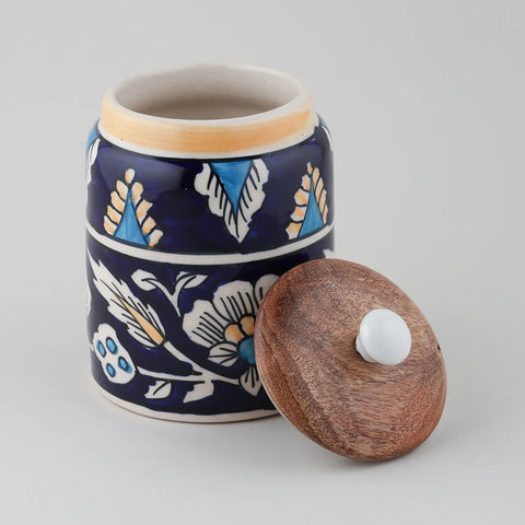Floral Ceramic Storage Jar with Wooden Lid - Eyaas