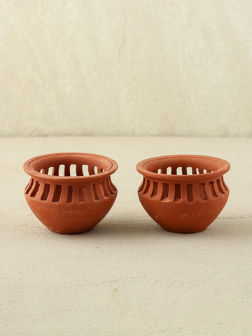 Festive Matka Terracotta Diya Set of 2 – Jali Cuts - Eyaas
