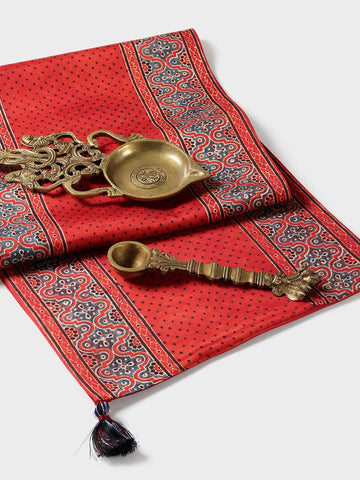 Red Ajrakh Silk Table Runner, 13x60, Indigo Border - Eyaas