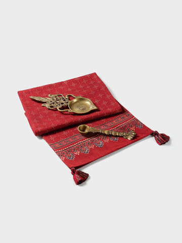 Ajrakh Printed Silk Table Runner, 13x60, Red & Indigo - Eyaas