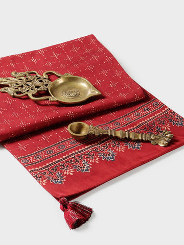 Ajrakh Printed Silk Table Runner, 13x60, Red & Indigo - Eyaas