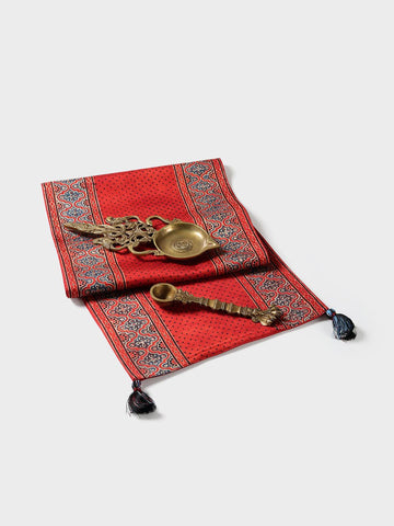 Red Ajrakh Silk Table Runner, 13x60, Indigo Border - Eyaas