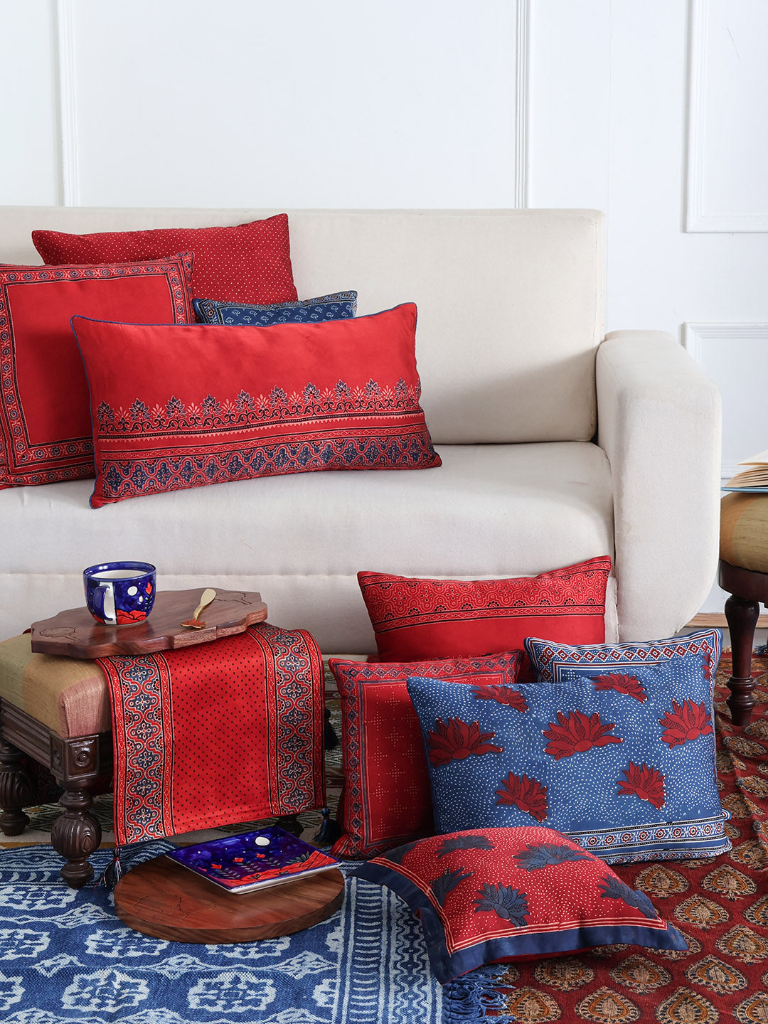 Ajrakh Modal Silk Rectangle Floral Cushion Cover Indigo & Red - 12x18