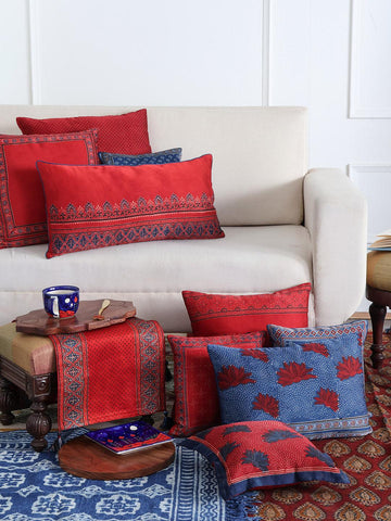 Ajrakh Silk Cushion Cover & Filler Red & Indigo, 12x24 - Eyaas