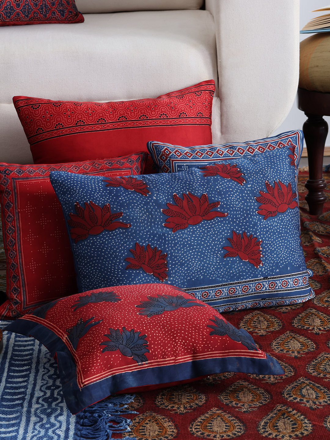 Ajrakh Modal Silk Cushion Cover Red & Indigo 12x12